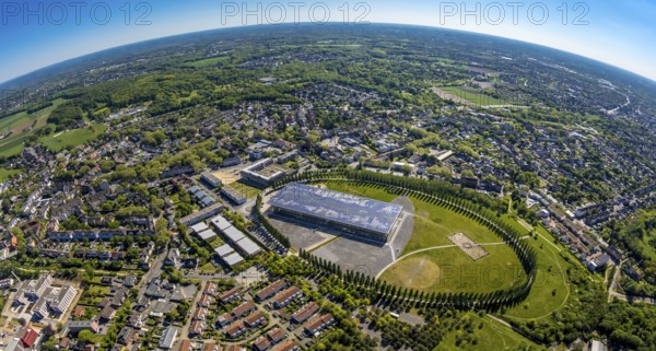 Aerial view, tree avenue Mont-Cenis colliery, Mont-Cenis Academy, Herne, Ruhr area, North Rhine-Westphalia, Germany, tree circle, DE, energy park, Europe, distant view, fisheye lens, training institute, aerial photograph, aerial photography, aerial photography, Mont-Cenis square, super wide-angle lens, overview, bird's-eye view, former Mont-Cenis colliery, former coal mine, overview, fish eye image, fisheye, panoramic image