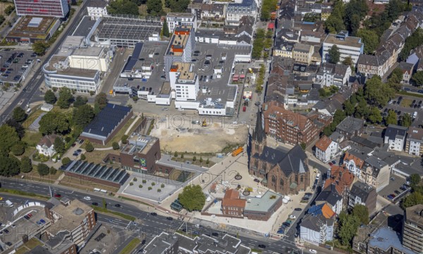 Aerial photograph, LWL Museum of Archaeology, demolition of Adler Haus, new building site Europagarten, Kreuzkirche, new building parish hall, Herne, Ruhr area, North Rhine-Westphalia, Germany, place of worship, construction work, building site, building site, building plots, construction project, construction project, construction site, DE, Europe, faith community, place of worship, church, parish, denomination, culture, art, aerial view, aerial photography, aerial photography, Rhine-Ruhr metropolitan region, museum, new building, religion, overview, bird's-eye view, overview