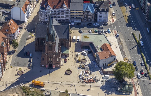 Aerial view, Kreuzkirche, new building, parish hall, Herne, Ruhr area, North Rhine-Westphalia, Germany, place of worship, construction work, construction, construction area, building site, building plots, construction project, construction site, DE, Europe, religious community, place of worship, church, parish, denomination, aerial photograph, aerial photography, aerial photography, Rhine-Ruhr metropolitan region, new building, religion, overview, bird's-eye view, overview