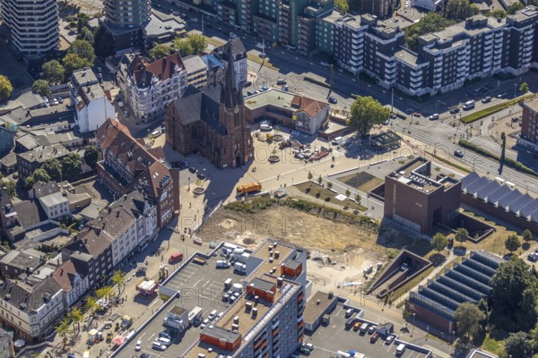 Aerial photograph, LWL Museum of Archaeology, demolition of Adler Haus, new building site Europagarten, Kreuzkirche, new building parish hall, Herne, Ruhr area, North Rhine-Westphalia, Germany, place of worship, construction work, building site, building site, building plots, construction project, construction project, construction site, DE, Europe, faith community, place of worship, church, parish, denomination, culture, art, aerial view, aerial photography, aerial photography, Rhine-Ruhr metropolitan region, museum, new building, religion, overview, bird's-eye view, overview