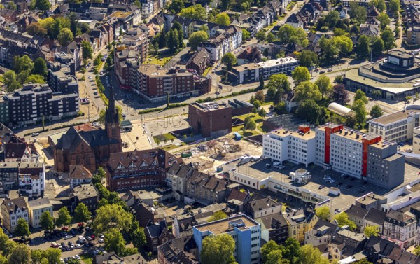 Aerial photograph, new building at Europaplatz, LWL Museum of Archaeology, Kreuzkirche, Herne, Ruhr area, North Rhine-Westphalia, Germany, place of worship, construction work, construction area, construction site, construction project, construction site, DE, Europe, religious community, place of worship, capacity requirement, church, parish, denomination, LWL, Landschaftsverband Westfalen-Lippe, aerial view, aerial photography, aerial photography, museum, religion, overview, bird's-eye view, Westphalian State Museum, birds-eyes view, overview
