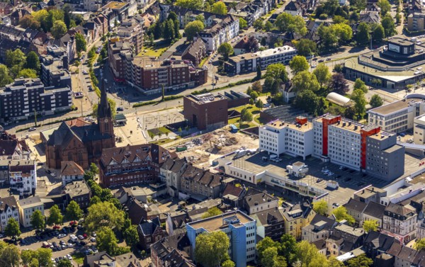 Aerial photograph, new building at Europaplatz, LWL Museum of Archaeology, Kreuzkirche, Herne, Ruhr area, North Rhine-Westphalia, Germany, place of worship, construction work, construction area, construction site, construction project, construction site, DE, Europe, religious community, place of worship, capacity requirement, church, parish, denomination, LWL, Landschaftsverband Westfalen-Lippe, aerial view, aerial photography, aerial photography, museum, religion, overview, bird's-eye view, Westphalian State Museum, birds-eyes view, overview