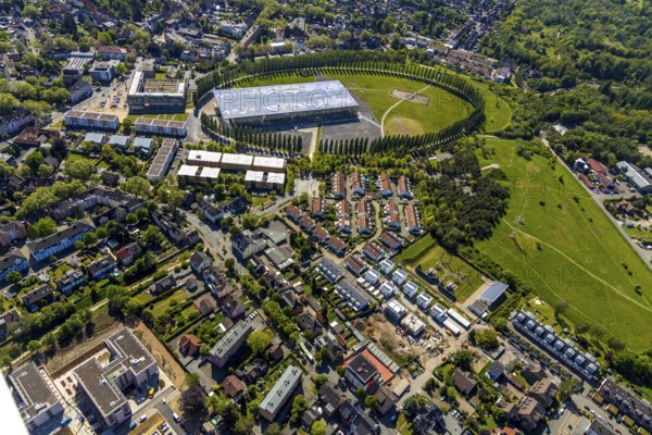 Aerial view, tree avenue Mont-Cenis colliery, Mont-Cenis Academy, residential area Henin-Beaumont-Straße, Herne, Ruhr area, North Rhine-Westphalia, Germany, tree circle, DE, energy park, Europe, distant view, training institute, property tax, real estate, aerial view, aerial photography, aerial photography, apartment buildings, apartment blocks, Mont-Cenis-Platz, terraced houses, overview, bird's-eye view, housing estate, housing and living, residential area, residential buildings, quality of living, residential neighbourhood, housing estate, birds-eyes view, former Mont-Cenis colliery, former coal mine, overview