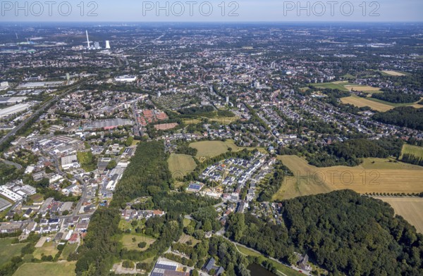 Aerial view, local view, housing estates, STEAG cogeneration plant Herne, Herne, Ruhr area, North Rhine-Westphalia, Germany, DE, Europe, distant view, property tax, real estate, power plant, aerial view, aerial photography, aerial photography, Rhine-Ruhr metropolitan region, overview, bird's-eye view, wooded areas, housing and living, residential area, residential buildings, birds-eyes view, overview