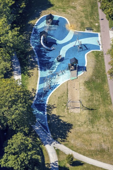 Aerial view, playground at Hölkeskampring, Herne, Ruhr area, North Rhine-Westphalia, Germany, DE, Europe, shapes and colours, leisure, hobby, aerial photography, aerial photography, Rhine-Ruhr metropolitan region, park, overview, bird's-eye view, overview