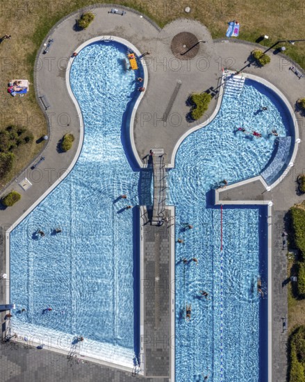 Aerial view, swimming pool south pool, Herne, Ruhr area, North Rhine-Westphalia, Germany, distance rule, bathing establishment, bathing resort, mountain road, corona crisis, corona measures, corona virus, corona fear, Covid-19, DE, Europe, outdoor pool, leisure, hygiene measures, aerial view, aerial photography, aerial photography, aerial photography, Rhine-Ruhr metropolitan region, pandemic fear, swimming pool, swimming pool, overview, bird's eye view, overview