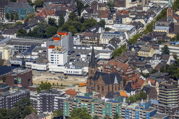 Aerial photograph, LWL Museum of Archaeology, demolition of Adler Haus, new construction site Europagarten, Kreuzkirche, Herne, Ruhr area, North Rhine-Westphalia, Germany, place of worship, construction work, building, construction area, building site, building plots, construction project, construction site, DE, Europe, community of faith, house of God, church, parish, denomination, culture, art, aerial view, aerial photography, aerial photography, Rhine-Ruhr metropolitan region, museum, new building, religion, overview, bird's-eye view, overview
