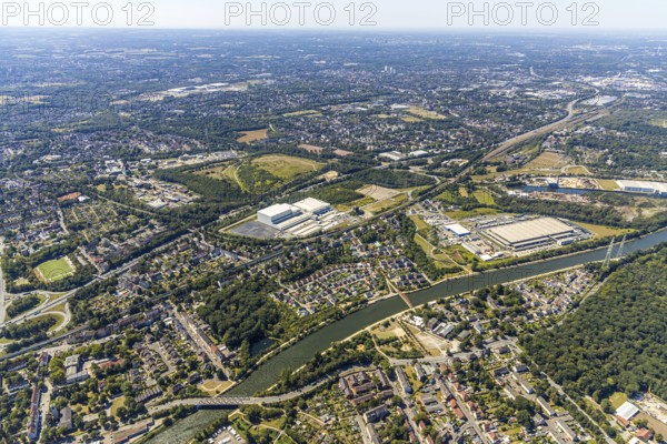 Aerial view, site view Herne, Nordfrost logistics centre, former colliery Unser Fritz, shaft 1 Malakowturm, Rhine-Herne-Canal, Herne, Ruhr area, North Rhine-Westphalia, Germany, Am Malakowturm, company premises, DE, Europe, distant view, freight traffic, logistics, logistics service, logistics centre, aerial view, aerial photography, aerial photography, Rhine-Ruhr metropolitan region, freight forwarding, deep-freeze logistics centre, transport, transport service, overview, bird's-eye view, overview