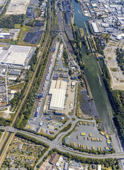 Aerial view, commercial area Am Westhafen, CTH Container Terminal Herne GmbH, Müller - Die lila Logistik AG, ALDI warehouse, Rhine-Herne Canal, Alte Schleuse Wanne-Eickel, Herne, Ruhr area, North Rhine-Westphalia, Germany, Cranger Kirmes area, DE, Europe, commercial enterprises, commercial area, commercial park, commercial location, commercial use, freight transport, industrial facilities, industrial area, industrial site, canal level, logistics, logistics service, logistics service provider, logistics provider, aerial view, aerial photography, aerial photography, Rhine-Ruhr metropolitan region, sight, transport, overview, bird's-eye view, overview