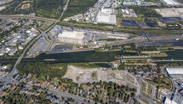 Aerial view, commercial area Am Westhafen, CTH Container Terminal Herne GmbH, Müller - Die lila Logistik AG, ALDI warehouse, Rhine-Herne Canal, Alte Schleuse Wanne-Eickel, Herne, Ruhr area, North Rhine-Westphalia, Germany, Cranger Kirmes area, DE, Europe, commercial enterprises, commercial area, commercial park, commercial location, commercial use, freight transport, industrial facilities, industrial area, industrial site, canal level, logistics, logistics service, logistics service provider, logistics provider, aerial view, aerial photography, aerial photography, Rhine-Ruhr metropolitan region, sight, transport, overview, bird's-eye view, overview