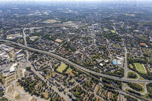 Aerial view, aerial view, motorway A42, motorway junction Herne-Wanne, Wanne-Eickel Hbf, Herne, Ruhr area, North Rhine-Westphalia, Germany, motorway junction, railway tracks, railway station, DE, Deutsche Bahn AG, Europe, central station, main station, aerial view, aerial photography, aerial photography, Rhine-Ruhr metropolitan region, overview, bird's-eye view, overview