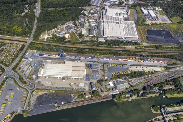 Aerial view, commercial area Am Westhafen, CTH Container Terminal Herne GmbH, Müller - Die lila Logistik AG, ALDI warehouse, Rhine-Herne Canal, Alte Schleuse Wanne-Eickel, Herne, Ruhr area, North Rhine-Westphalia, Germany, Cranger Kirmes area, DE, Europe, commercial enterprises, commercial area, commercial park, commercial location, commercial use, freight transport, industrial facilities, industrial area, industrial site, canal level, logistics, logistics service, logistics service provider, logistics provider, aerial view, aerial photography, aerial photography, Rhine-Ruhr metropolitan region, sight, transport, overview, bird's-eye view, overview