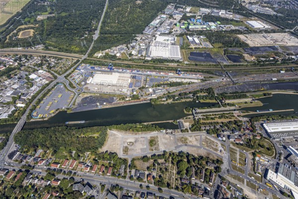 Aerial view, commercial area Am Westhafen, CTH Container Terminal Herne GmbH, Müller - Die lila Logistik AG, ALDI warehouse, Rhine-Herne Canal, Alte Schleuse Wanne-Eickel, Herne, Ruhr area, North Rhine-Westphalia, Germany, Cranger Kirmes area, DE, Europe, commercial enterprises, commercial area, commercial park, commercial location, commercial use, freight transport, industrial facilities, industrial area, industrial site, canal level, logistics, logistics service, logistics service provider, logistics provider, aerial view, aerial photography, aerial photography, Rhine-Ruhr metropolitan region, sight, transport, overview, bird's-eye view, overview