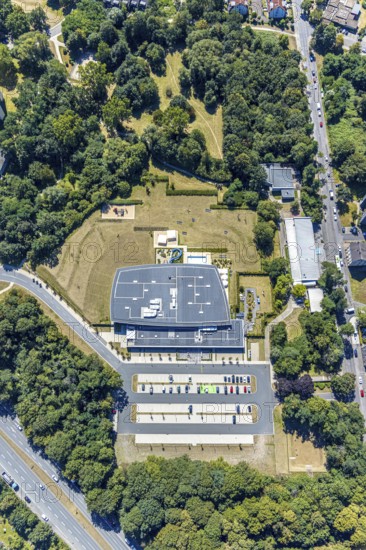 Aerial photo, Wananas swimming pool, Herne, Ruhr area, North Rhine-Westphalia, Germany, distance rule, bathing establishment, bathing resort, corona crisis, corona measures, corona virus, corona fear, Covid-19, DE, Europe, outdoor pool, leisure, leisure pool, indoor pool, hygiene measures, sunbathing lawn, aerial view, aerial photography, aerial photography, Rhine-Ruhr metropolitan region, pandemic fear, pool, swimming pool, swimming pool, swimming pleasure, sun loungers, parasols, overview, virus, bird's eye view, water fun, birds-eyes view, overview