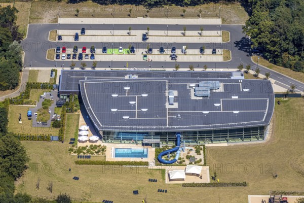 Aerial photo, Wananas swimming pool, Herne, Ruhr area, North Rhine-Westphalia, Germany, distance rule, bathing establishment, bathing resort, corona crisis, corona measures, corona virus, corona fear, Covid-19, DE, Europe, outdoor pool, leisure, leisure pool, indoor pool, hygiene measures, sunbathing lawn, aerial view, aerial photography, aerial photography, Rhine-Ruhr metropolitan region, pandemic fear, pool, swimming pool, swimming pool, swimming pleasure, sun loungers, parasols, overview, virus, bird's eye view, water fun, birds-eyes view, overview