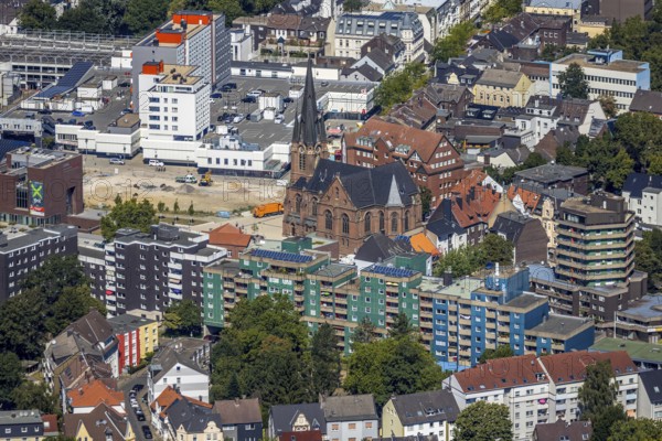 Aerial photograph, LWL Museum of Archaeology, demolition of Adler Haus, new construction site Europagarten, Europaplatz, Kreuzkirche, Herne, Ruhr area, North Rhine-Westphalia, Germany, place of worship, construction work, building, construction area, building site, building plots, construction measure, construction project, construction site, DE, Europe, religious community, house of worship, church, parish, denomination, culture, art, aerial view, aerial photography, aerial photography, Rhine-Ruhr metropolitan region, museum, new building, religion, overview, bird's-eye view, overview