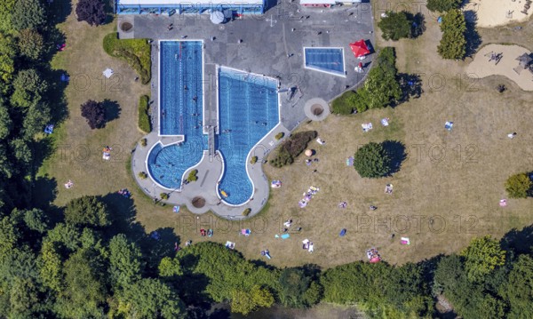 Aerial view, swimming pool south pool, Herne, Ruhr area, North Rhine-Westphalia, Germany, distance rule, bathing establishment, bathing resort, mountain road, corona crisis, corona measures, corona virus, corona fear, Covid-19, DE, Europe, outdoor pool, leisure, hygiene measures, aerial view, aerial photography, aerial photography, aerial photography, Rhine-Ruhr metropolitan region, pandemic fear, swimming pool, swimming pool, overview, bird's eye view, overview