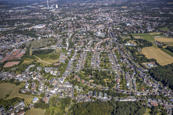 Aerial view, local view, housing estates, STEAG cogeneration plant Herne, Herne, Ruhr area, North Rhine-Westphalia, Germany, DE, Europe, distant view, property tax, real estate, power plant, aerial view, aerial photography, aerial photography, Rhine-Ruhr metropolitan region, overview, bird's-eye view, wooded areas, housing and living, residential area, residential buildings, birds-eyes view, overview