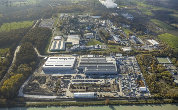 Aerial view, industrial estate Uentrop Frielinghauser Straße, construction site Goldbeck Betonelemente, new plant extension, Uentrop, Hamm, Ruhr area, North Rhine-Westphalia, Germany, construction work, construction, construction area, building site, building plots, construction measure, construction project, construction site, DE, Europe, commercial enterprises, commercial area, commercial area, commercial park, commercial site, commercial use, industrial area, industrial building, industrial site, canal, aerial view, aerial photography, aerial photography, new construction, overview, bird's-eye view, overview