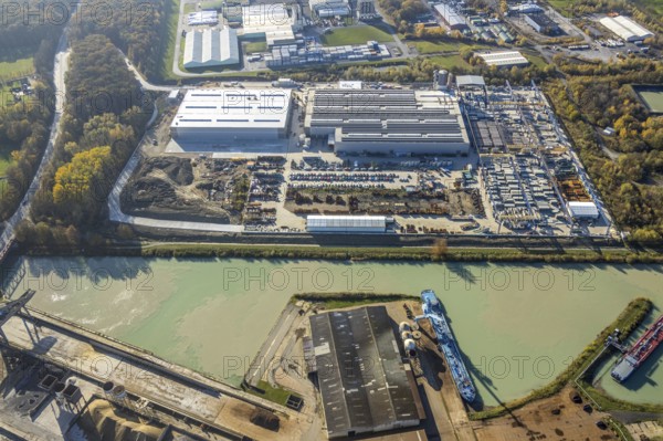 Aerial view, industrial estate Uentrop Frielinghauser Straße, construction site Goldbeck Betonelemente, new plant extension, Uentrop, Hamm, Ruhr area, North Rhine-Westphalia, Germany, construction work, construction, construction area, building site, building plots, construction project, construction site, DE, Datteln-Hamm Canal, Europe, commercial enterprises, commercial area, commercial area, commercial park, commercial site, commercial use, industrial area, industrial building, industrial site, canal, aerial view, aerial photography, aerial photography, new construction, overview, bird's-eye view, overview