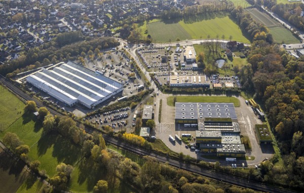 Aerial view, Verkehrsbetrieb Hamm, Auto Zentrum Dr. Mertens, Gartencenter Hesse, Rhynern, Hamm, Ruhr area, North Rhine-Westphalia, Germany, railway tracks, DE, Europe, commercial enterprises, commercial area, commercial park, commercial location, commercial use, industrial area, industrial building, industrial location, Kampshege, aerial view, aerial photography, aerial photography, overview, bird's-eye view, bird's-eye view, overview