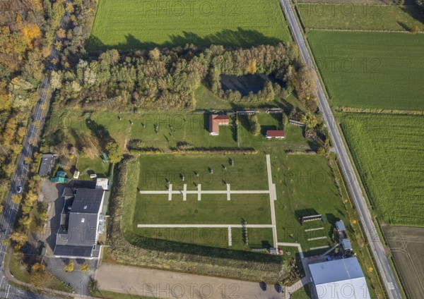 Aerial view, sports field Hammer Sport Club HSC, archery active, Rhynern, Hamm, Ruhr area, North Rhine-Westphalia, Germany, archery hall, archery facility, DE, Europe, HSC archery centre, Hubert-Westermeier-Straße, aerial view, aerial photography, aerial photography, sports facilities, sports field, sports facility, overview, bird's-eye view, overview