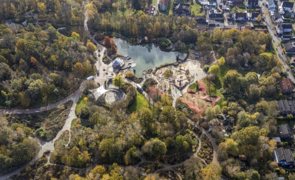 Aerial view, Maximilianpark Hamm, children's playground, fountain pond, Uentrop, Hamm, Ruhr area, North Rhine-Westphalia, Germany, DE, Europe, leisure park, football stadium, site of the disused Maximilian colliery, glass elephant landmark, aerial view, aerial photography, aerial photography, MaxiPark, overview, bird's-eye view, overview
