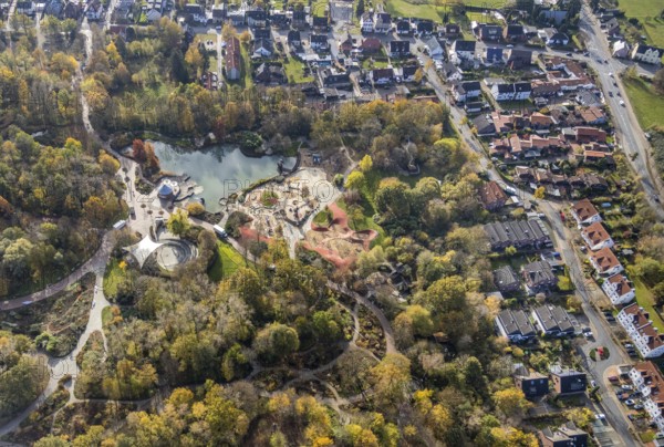 Aerial view, Maximilianpark Hamm, children's playground, fountain pond, Uentrop, Hamm, Ruhr area, North Rhine-Westphalia, Germany, DE, Europe, leisure park, site of the disused Maximilian colliery, glass elephant landmark, aerial view, aerial photography, aerial photography, MaxiPark, overview, bird's eye view, birds-eyes view, overview