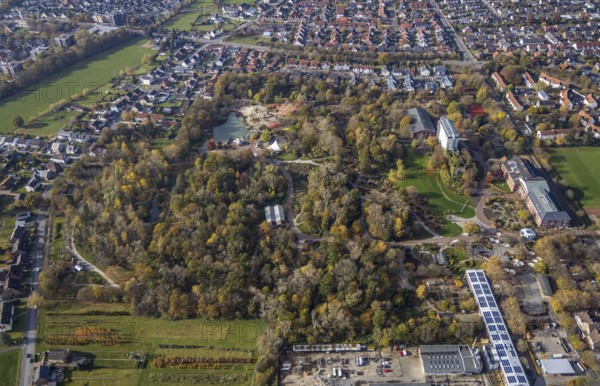 Aerial view, Maximilianpark Hamm, Uentrop, Hamm, Ruhr area, North Rhine-Westphalia, Germany, DE, Europe, amusement park, site of the disused Maximilian colliery, glass elephant landmark, aerial view, aerial photography, aerial photography, MaxiPark, overview, bird's eye view, birds-eyes view, overview