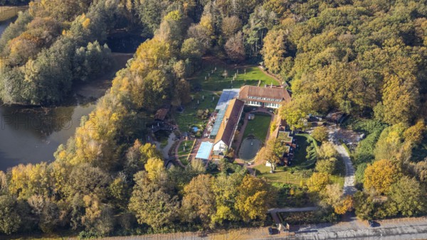 Aerial view, Gut Sternholz, hotel in the forest, Uentrop, Hamm, Ruhr area, North Rhine-Westphalia, Germany, DE, Europe, gastronomy, autumn colours, hotel, hotel facilities, hotel business, Im Giesendahl, landscape conservation area, aerial photograph, aerial photography, aerial photography, nature reserve, spa hotel, overview, bird's eye view, forest area, wellness, birds-eyes view, overview