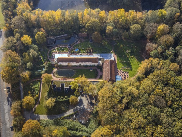 Aerial view, Gut Sternholz, hotel in the forest, Uentrop, Hamm, Ruhr area, North Rhine-Westphalia, Germany, DE, Europe, gastronomy, autumn colours, hotel, hotel facilities, hotel business, Im Giesendahl, landscape conservation area, aerial photograph, aerial photography, aerial photography, nature reserve, spa hotel, overview, bird's eye view, forest area, wellness, birds-eyes view, overview