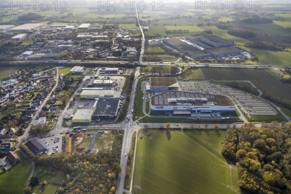 Aerial view, Möbel Höffner, commercial area Unnaer Straße, Hamm, Ruhr area, North Rhine-Westphalia, Germany, DE, Europe, commercial enterprises, commercial area, commercial area, commercial location, commercial use, industrial area, industrial building, industrial location, aerial view, aerial photography, aerial photography, photovoltaics, photovoltaic system, solar, solar system, solar energy, solar energy, overview, bird's eye view, birds-eyes view, overview