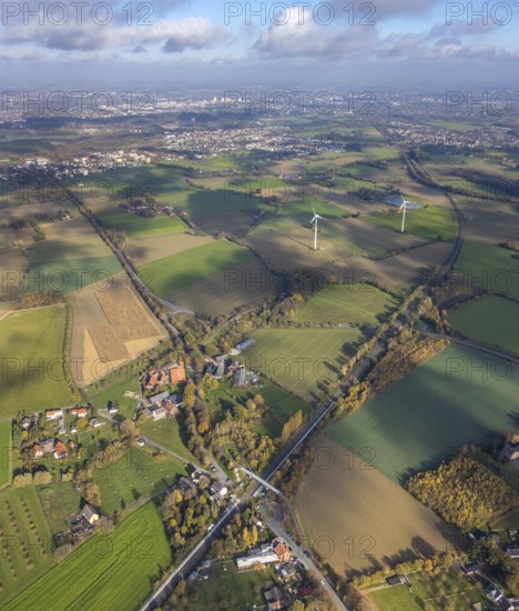 Aerial view, Bönen-Nordbögge railway station, view to Pelkum, Pelkum, Hamm, Ruhr area, North Rhine-Westphalia, Germany, railway tracks, railway station, bridge, DE, Deutsche Bahn AG, Europe, distant view, pedestrian bridge, main station, aerial view, aerial photography, aerial photography, overview, bird's-eye view, wind energy, wind energy plant, wind power, wind power plant, wind turbines, birds-eyes view, overview