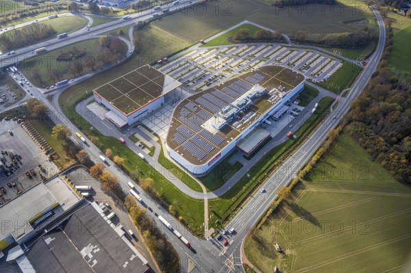 Aerial view, Möbel Höffner, commercial area Unnaer Straße, Hamm, Ruhr area, North Rhine-Westphalia, Germany, DE, Europe, commercial enterprises, commercial area, commercial area, commercial location, commercial use, industrial area, industrial building, industrial location, aerial view, aerial photography, aerial photography, photovoltaics, photovoltaic system, solar, solar system, solar energy, solar energy, overview, bird's eye view, birds-eyes view, overview