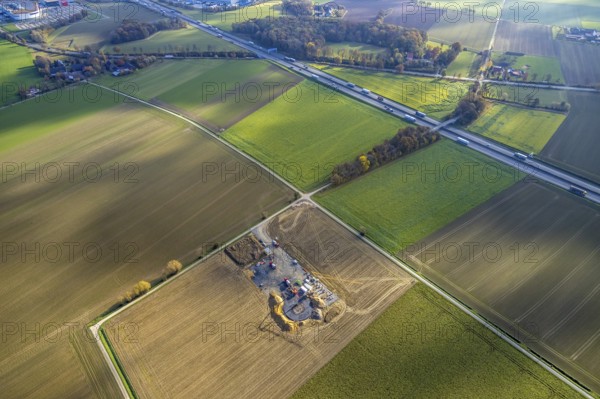 Aerial view, construction site for wind turbines, Hellweg, near the A2 motorway, Rhynern, Hamm, Ruhr area, North Rhine-Westphalia, Germany, A2 motorway, construction work, construction, construction area, building site, building plots, construction project, construction site, DE, Europe, aerial view, aerial photography, aerial photography, aerial photography, new construction, overview, bird's eye view, wind turbines, meadows and fields, wind energy, wind turbine, wind power, wind turbine, wind turbines, birds-eyes view, overview