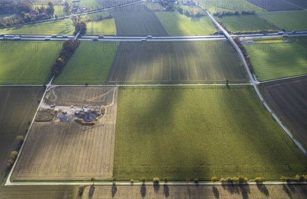 Aerial view, construction site for wind turbines, Hellweg, near the A2 motorway, Rhynern, Hamm, Ruhr area, North Rhine-Westphalia, Germany, A2 motorway, construction work, construction, construction area, building site, building plots, construction project, construction site, DE, Europe, aerial view, aerial photography, aerial photography, aerial photography, new construction, overview, bird's eye view, wind turbines, meadows and fields, wind energy, wind turbine, wind power, wind turbine, wind turbines, birds-eyes view, overview