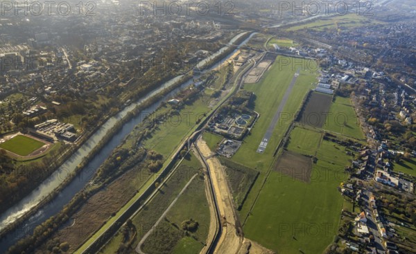 Aerial view, Hamm airfield, Lippe floodplain, Münsterstraße, Hamm lock, Lippe river, Datteln-Hamm canal, Heessen, Hamm, Ruhr area, North Rhine-Westphalia, Germany, Am Flugplatz Hamm, construction work, construction area, construction site, construction project, construction site, DE, habitat, Europe, distant view, Mattenbecke sewage treatment plant, aerial view, aerial photography, aerial photography, nature reserve, overview, bird's-eye view, overview