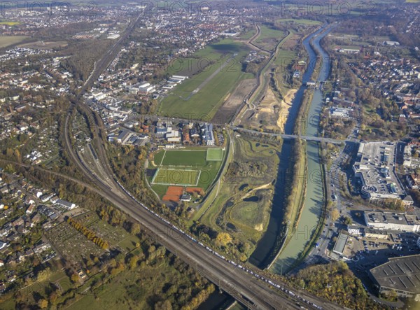 Aerial view, Hamm airfield, Lippe floodplain, Münsterstraße, Hamm lock, Lippe river, Datteln-Hamm canal, Heessen, Hamm, Ruhr area, North Rhine-Westphalia, Germany, Am Flugplatz Hamm, construction work, construction area, construction site, building plots, construction project, construction site, DE, habitat, Europe, aerial view, aerial photography, aerial photography, nature reserve, overview, bird's-eye view, bird's-eye view, overview