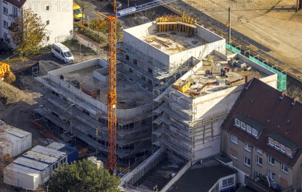 Aerial view, construction site new building Wilhelmstraße, Hamm, Ruhr area, North Rhine-Westphalia, Germany, construction work, construction, construction area, construction site, building plots, construction project, construction site, DE, Europe, aerial view, aerial photography, aerial photography, new building, overview, cladding, bird's-eye view, overview