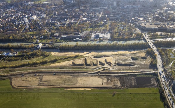 Aerial photograph, Lippe floodplain experience area, Münsterstrasse, Hamm lock, River Lippe, Datteln-Hamm Canal, Heessen, Hamm, Ruhr area, North Rhine-Westphalia, Germany