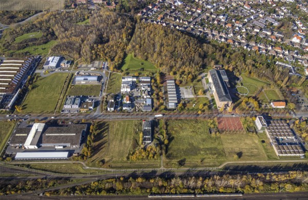 Aerial view, commercial area Sachsenweg, Alfred-fisherman-Halle, Heessen, Hamm, Ruhr area, North Rhine-Westphalia, Germany, DE, Europe, commercial enterprises, commercial area, commercial park, commercial location, commercial use, industrial area, industrial building, industrial location, culture, art, aerial photograph, aerial photography, aerial photography, overview, events, venue, event location, bird's-eye view, birds-eyes view, cultural use, overview