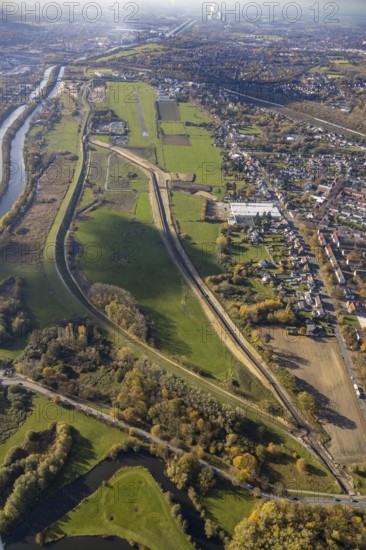 Aerial view, Hamm airfield, Lippe floodplain, Münsterstraße, Hamm lock, Lippe river, Datteln-Hamm canal, Heessen, Hamm, Ruhr area, North Rhine-Westphalia, Germany, Am Flugplatz Hamm, construction work, construction area, construction site, construction project, construction site, DE, habitat, Europe, distant view, Mattenbecke sewage treatment plant, aerial view, aerial photography, aerial photography, nature reserve, overview, bird's-eye view, overview