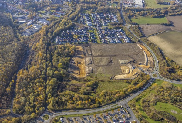 Aerial view, construction area at Sachsenring, roundabout, housing estate, Heessen, Hamm, Ruhr area, North Rhine-Westphalia, Germany, construction work, construction, construction area, building site, building plots, construction project, construction site, DE, Europe, property tax, real estate, roundabout, aerial view, aerial photography, aerial photography, new construction, overview, bird's eye view, residential complex, living and living, residential area, residential buildings, residential quality, residential area, birds-eyes view, overview