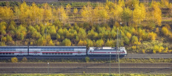 Aerial view, double-decker passenger train, centre, Hamm, Ruhr area, North Rhine-Westphalia, Germany, railway tracks, DE, Deutsche Bahn AG, Europe, aerial view, aerial photography, aerial photography, passenger transport, passenger train, overview, bird's-eye view, train, train journey, train traffic, birds-eyes view, overview