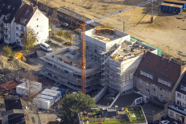 Aerial view, construction site new building Wilhelmstraße, Hamm, Ruhr area, North Rhine-Westphalia, Germany, construction work, construction, construction area, construction site, building plots, construction project, construction site, DE, Europe, aerial view, aerial photography, aerial photography, new building, overview, cladding, bird's eye view, Wilhelmstraße, birds-eyes view, overview