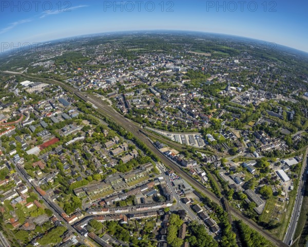 Aerial view, townscape with fisheye lens, goods station, overview, centre-west, Herne, Ruhr area, North Rhine-Westphalia, Germany, City, DE, Europe, fisheye lens, aerial view, aerial photography, aerial photography, townscape, city area, super wide angle lens, bird's eye view, bird's eye view, overview