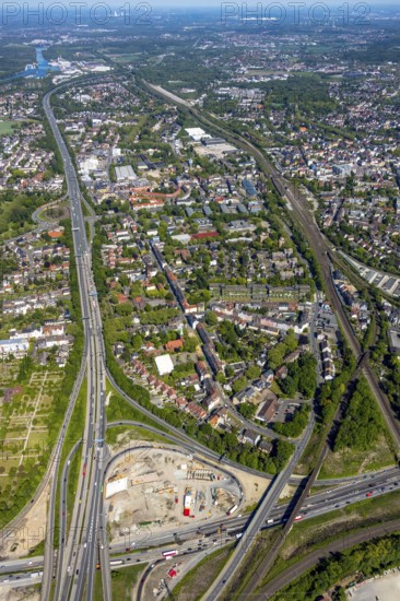 Aerial view, construction site due to A43 extension, motorway junction Herne, motorway A42, view to Herne North, Herne, Ruhr area, North Rhine-Westphalia, Germany, railway station Herne, DE, Europe, aerial view, aerial photography, aerial photography, overview, bird's-eye view, overview