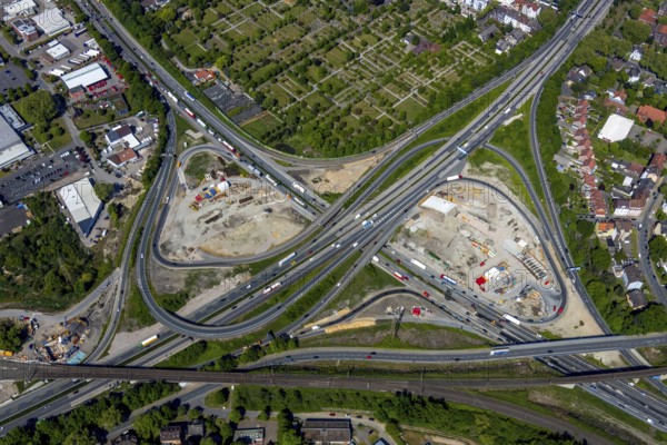 Aerial view, construction site due to A43 extension, motorway junction Herne, motorway A42, motorway A43, Herne, Ruhr area, North Rhine-Westphalia, Germany, motorway, motorway bridge, motorway junction, DE, Europe, aerial view, aerial photography, aerial photography, overview, bird's-eye view, overview