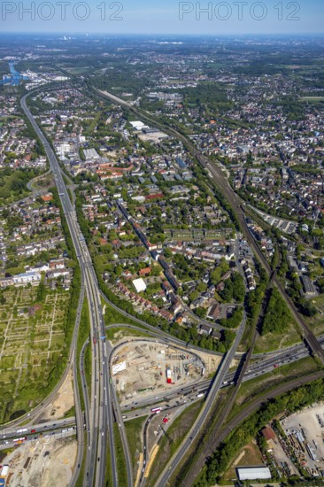 Aerial view, construction site due to A43 extension, motorway junction Herne, motorway A42, view to Herne North, Herne, Ruhr area, North Rhine-Westphalia, Germany, railway station Herne, DE, Europe, aerial view, aerial photography, aerial photography, overview, bird's-eye view, overview