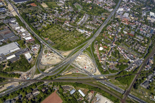 Aerial view, construction site due to A43 extension, motorway junction Herne, motorway A42, motorway A43, Herne, Ruhr area, North Rhine-Westphalia, Germany, motorway, motorway bridge, motorway junction, DE, Europe, aerial view, aerial photography, aerial photography, overview, bird's-eye view, overview